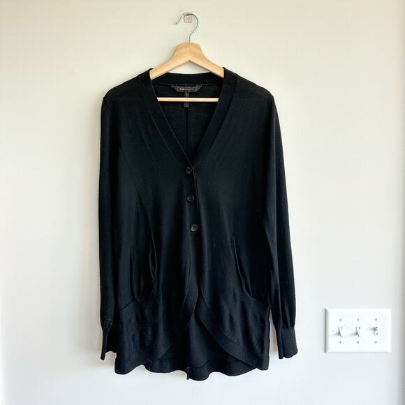 BCBGMAXAZRIA Merino Wool Round Hem Button Front V-Neck Cardigan Sweater Black S - Picture 1 of 8